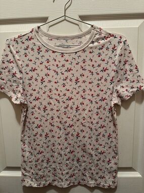 No Boundaries White Short Sleeve Floral Tee with Pink & Navy Accents
